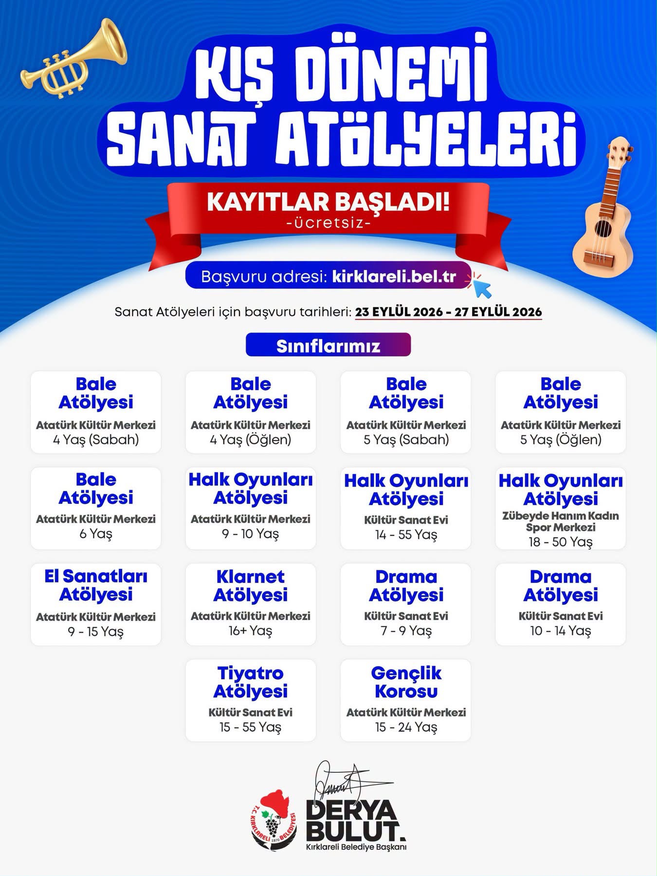 Genel duyuru Kış Dönemi Sanat Atölyelerimiz İçin Kayıtlar Başladı 23.09.2026